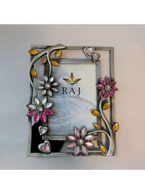 Silver Pewter Picture Frame With Rhinestone Floral Heart Accents 7x5 Raj Collect